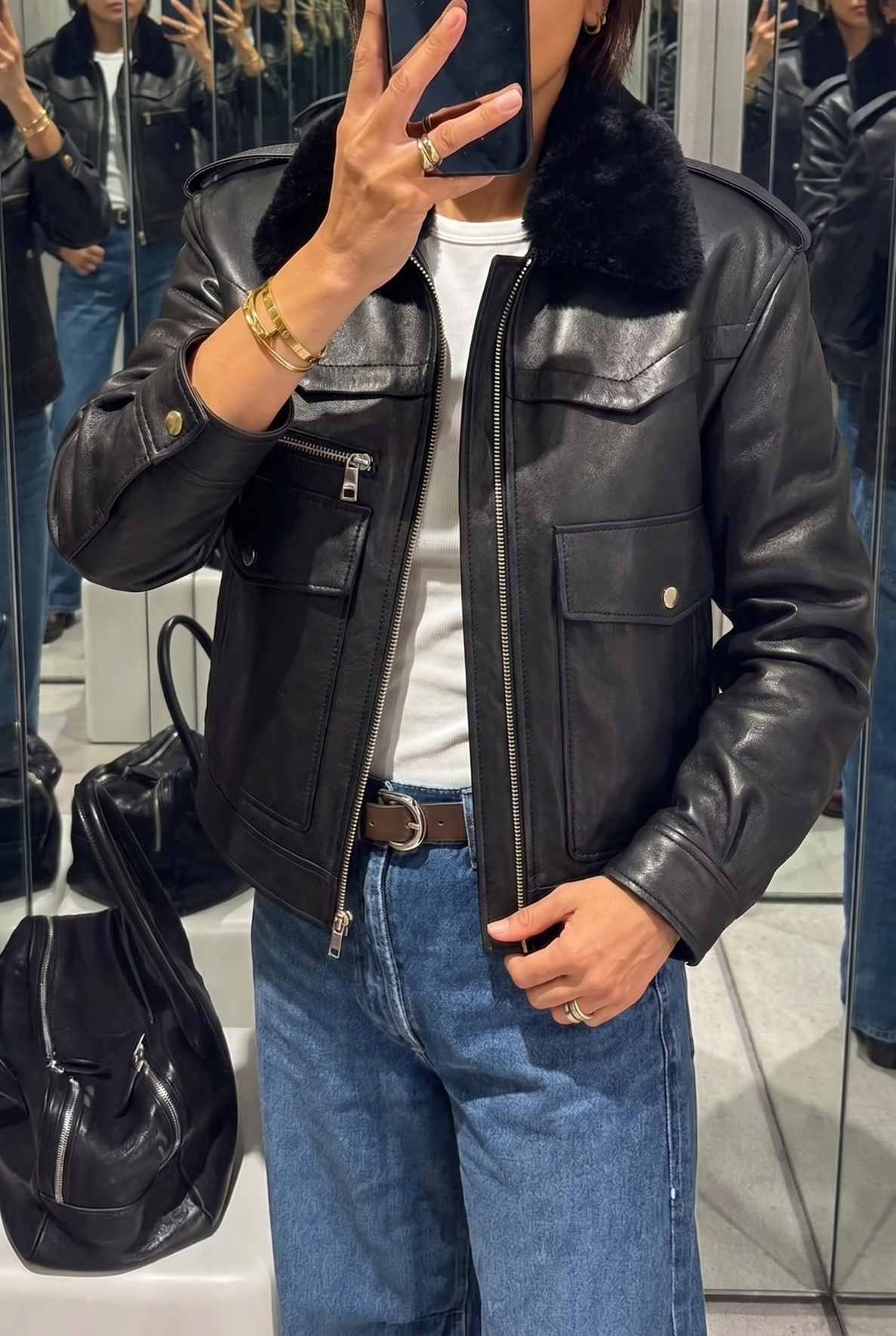 Women's leather shearling coat