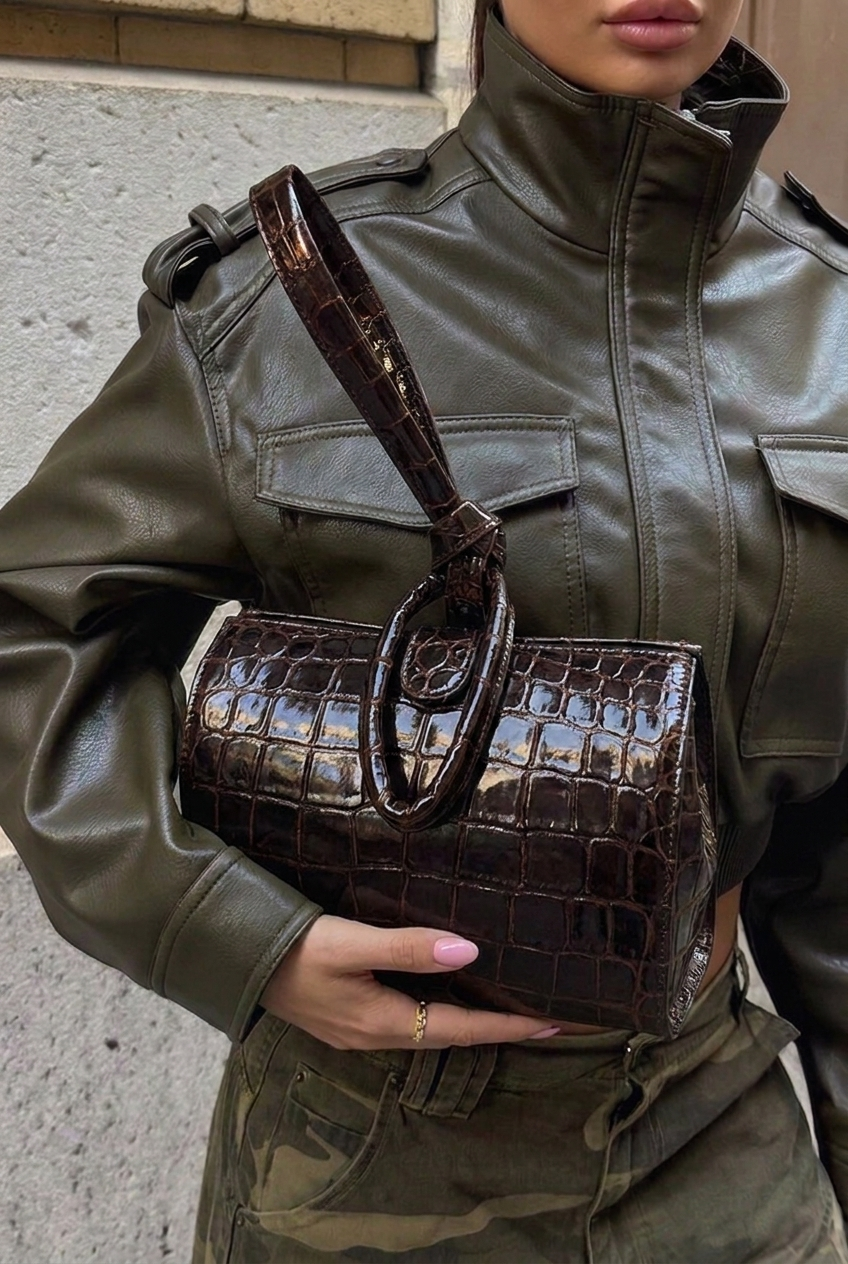 Leather black bag  imitation Croco