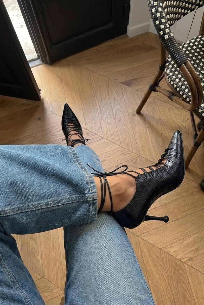 Leather boots with croc imitation heels