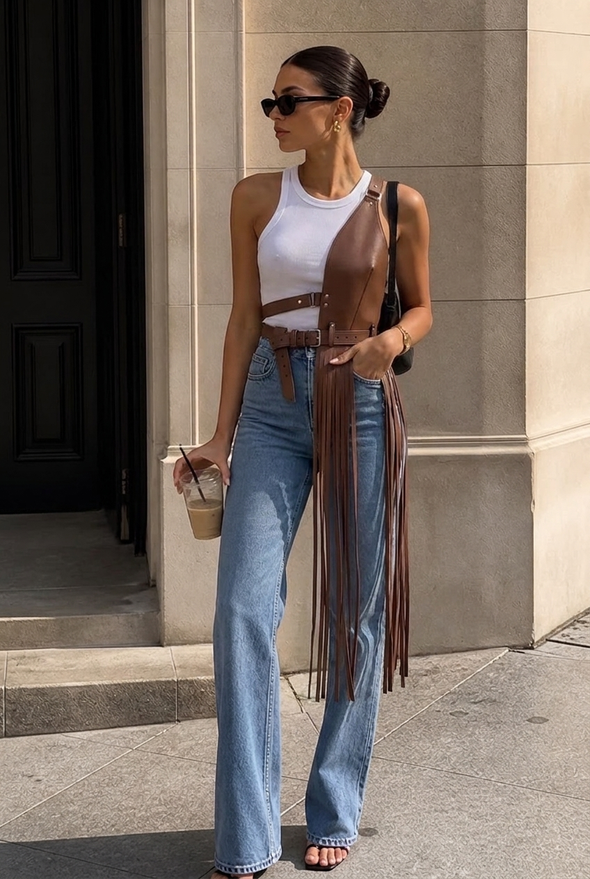 Brown Leather Basque Belt with fringe