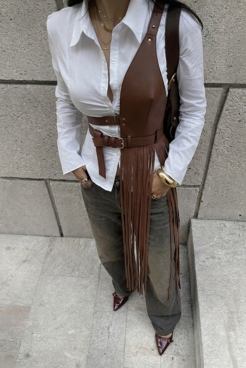 Brown Leather Basque Belt with fringe